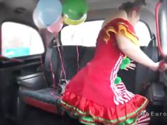 Clown babe squirts and fucks in fake taxi