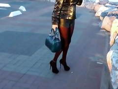 Leather hotpants outside