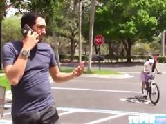 Adorable and horny Emily Mena practices to ride a bike and gets fucked